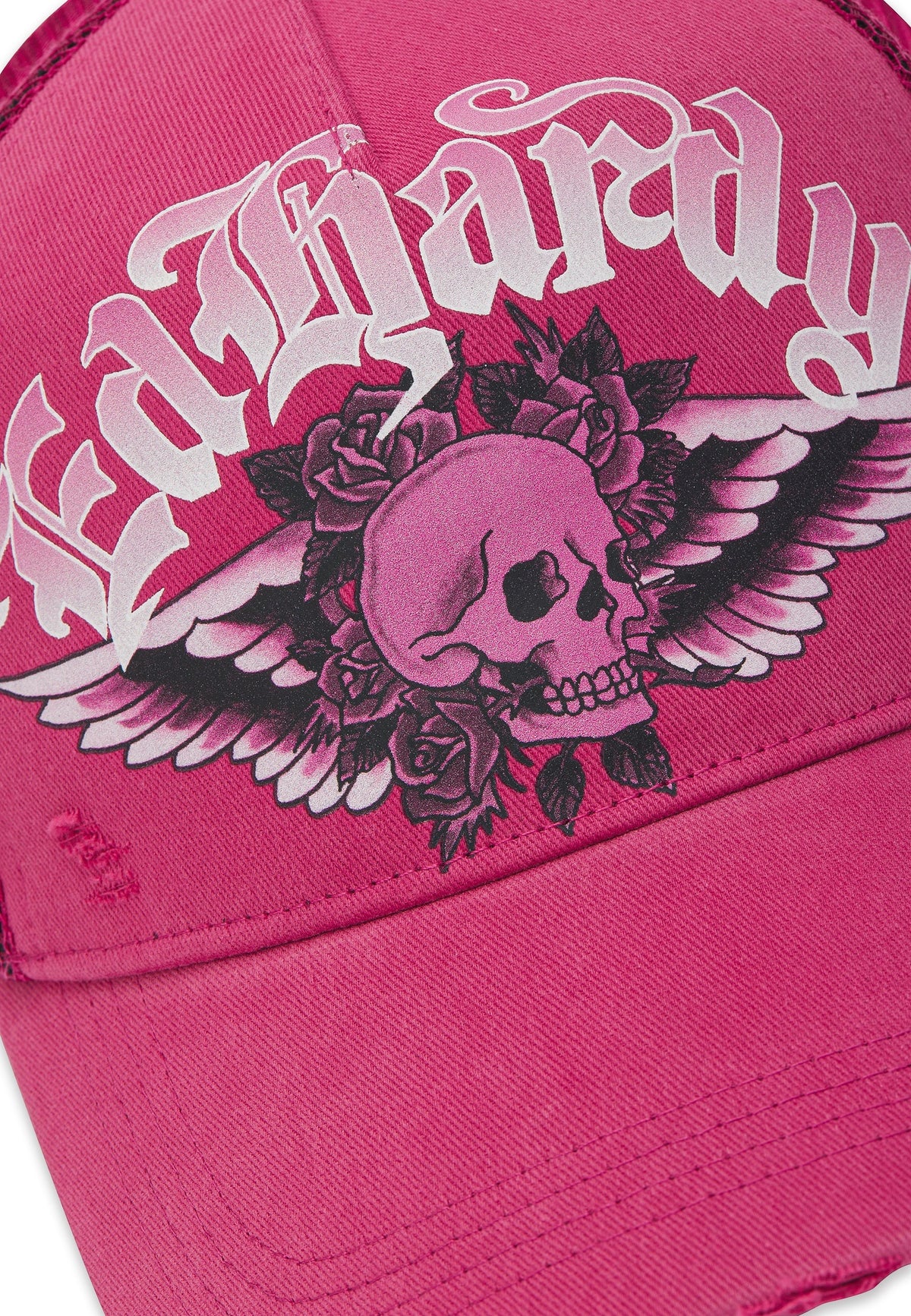 Ed Hardy Flaming Gothic Skull Washed 5 Panel Pink Trucker Cap - OnSize