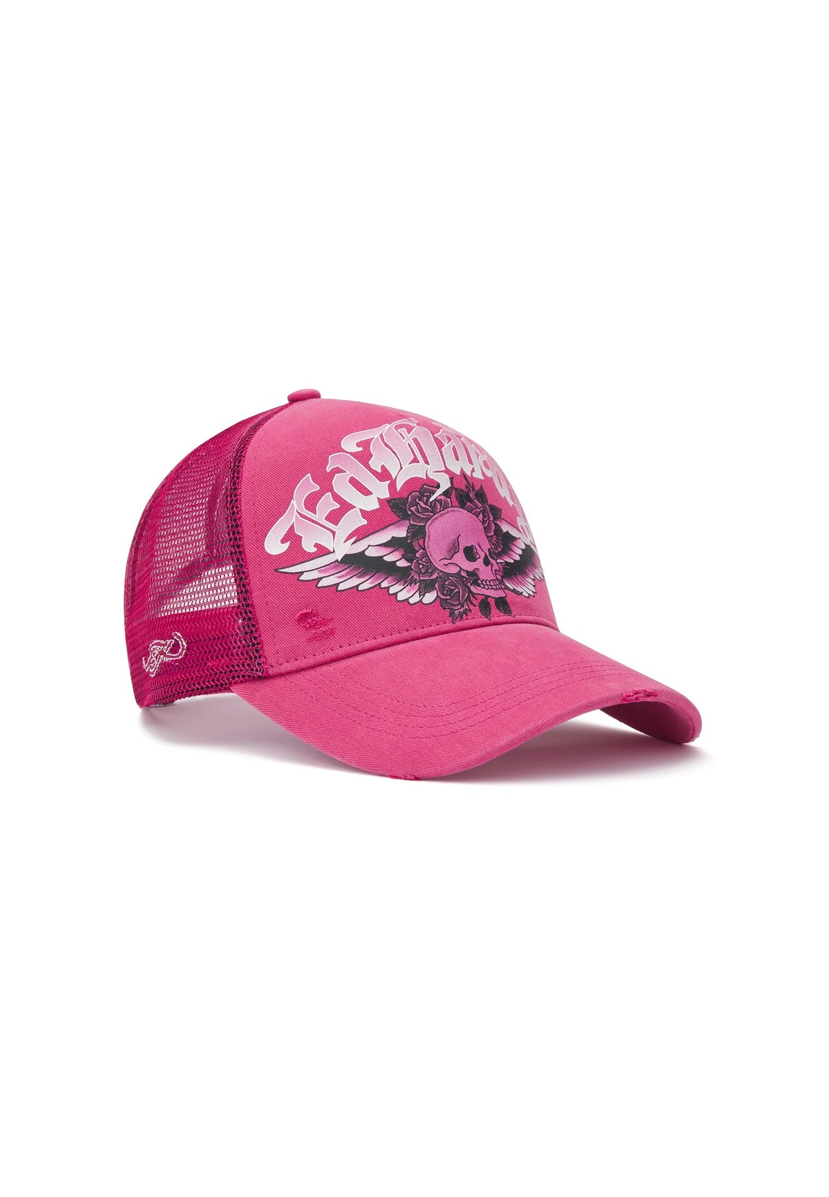 Ed Hardy Flaming Gothic Skull Washed 5 Panel Pink Trucker Cap - OnSize