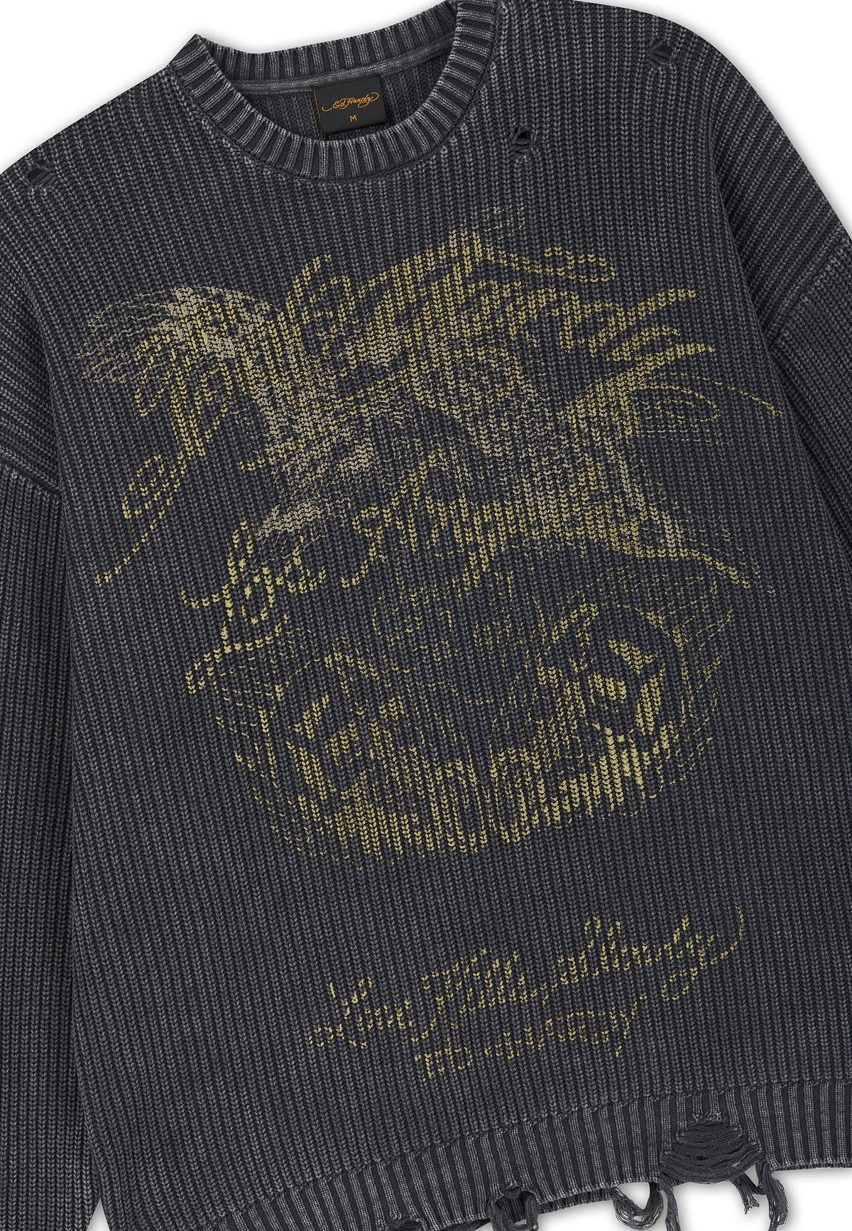 Ed Hardy Distressed Los Angeles Knitted Relaxed Crew Jumper Black - OnSize