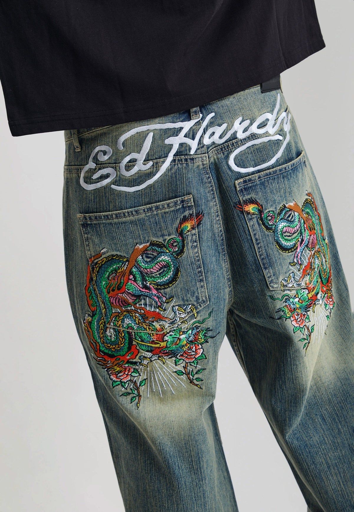 Ed Hardy Slithering Dragon Embroidered Xxtra Jeans Light Blue - OnSize