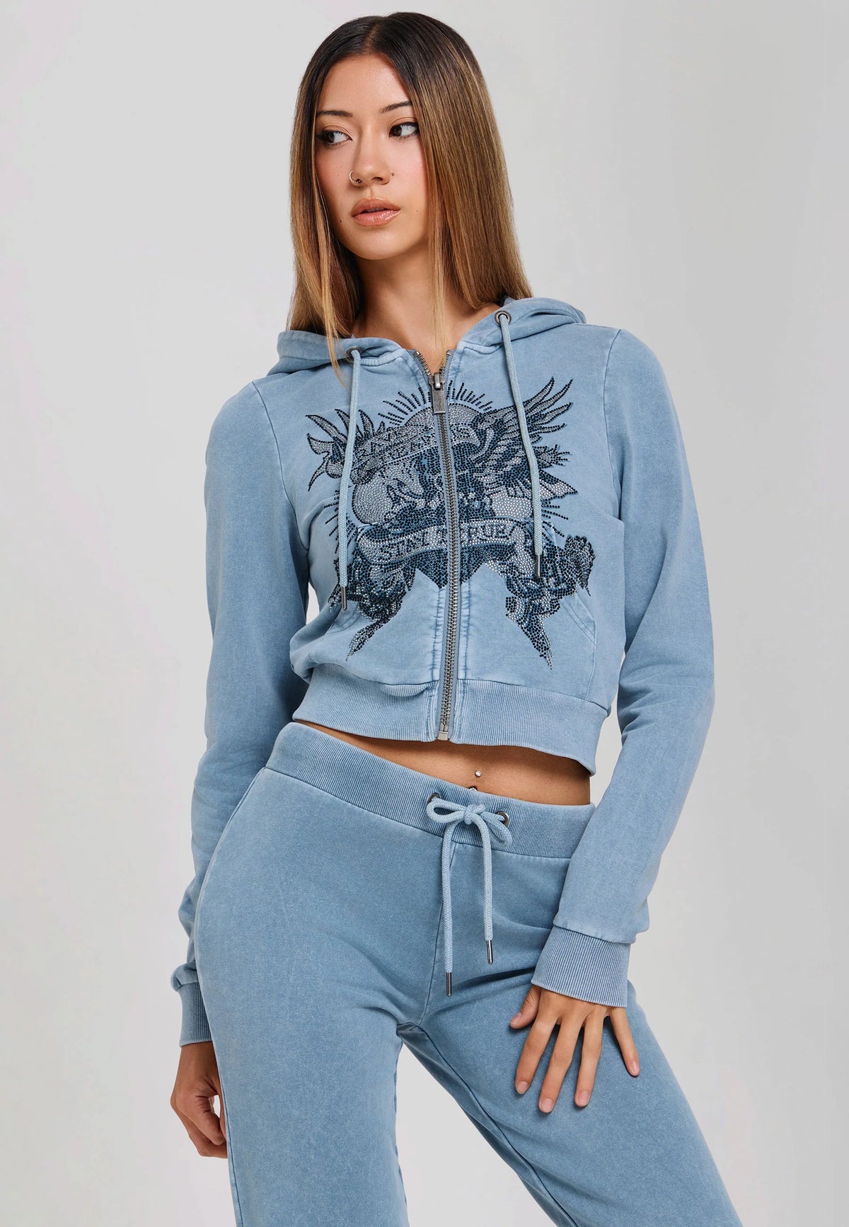 Ed Hardy Stay True Fitted Cropped Washed Zip Thru Hoodie Blue - OnSize