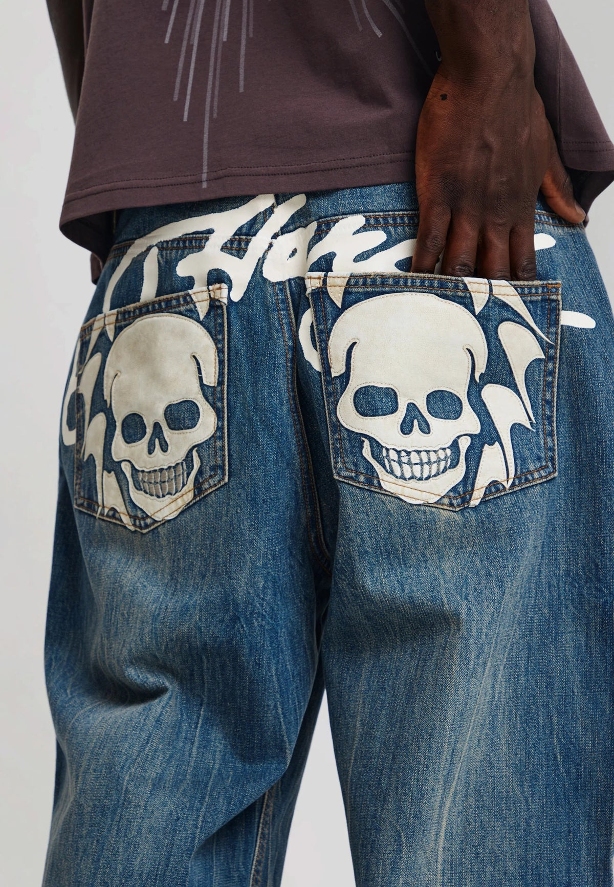 Ed Hardy Flying Skull PU Applique Relaxed Jeans Dark Blue - OnSize
