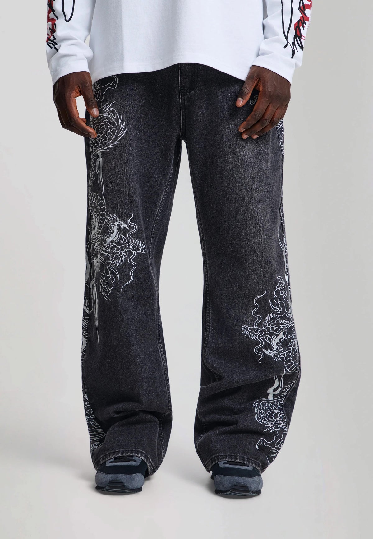 Ed Hardy Embroidered Soaring Dragon Flare Jeans Washed Black - OnSize