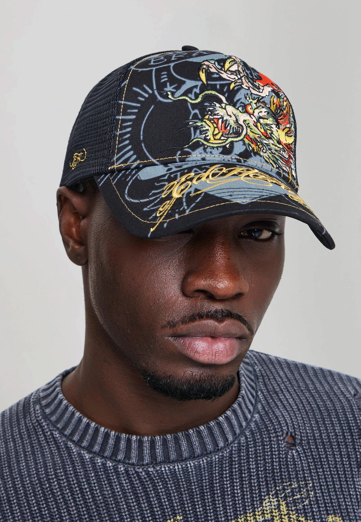 Ed Hardy Crawling Dragon 5 Panel Black Trucker Cap - OnSize