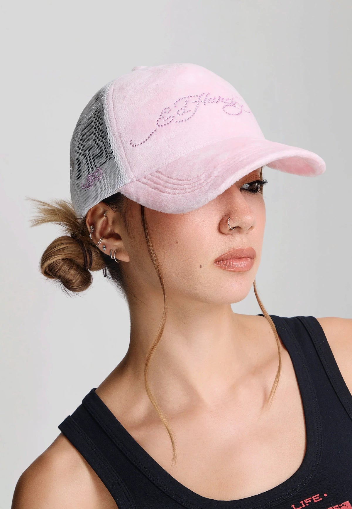 Ed Hardy Diamante Velour 5 Panel Baby Pink Trucker Cap - OnSize