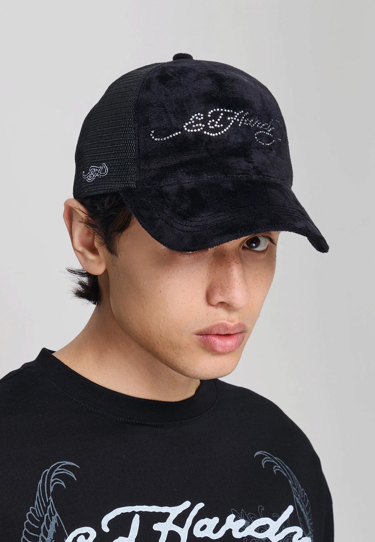 Ed Hardy Diamante Velour 5 Panel Black Trucker Cap - OnSize