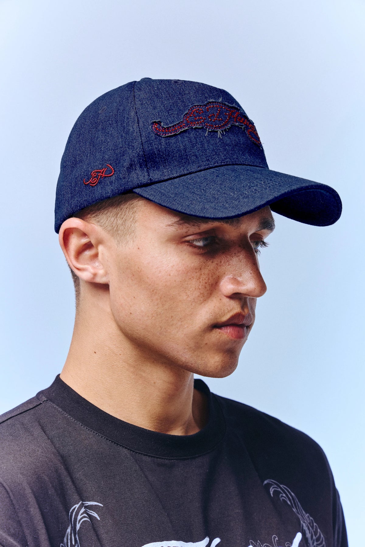Ed Hardy Diamante Applique Indigo Denim 5 Panel Indigo Trucker Cap - OnSize