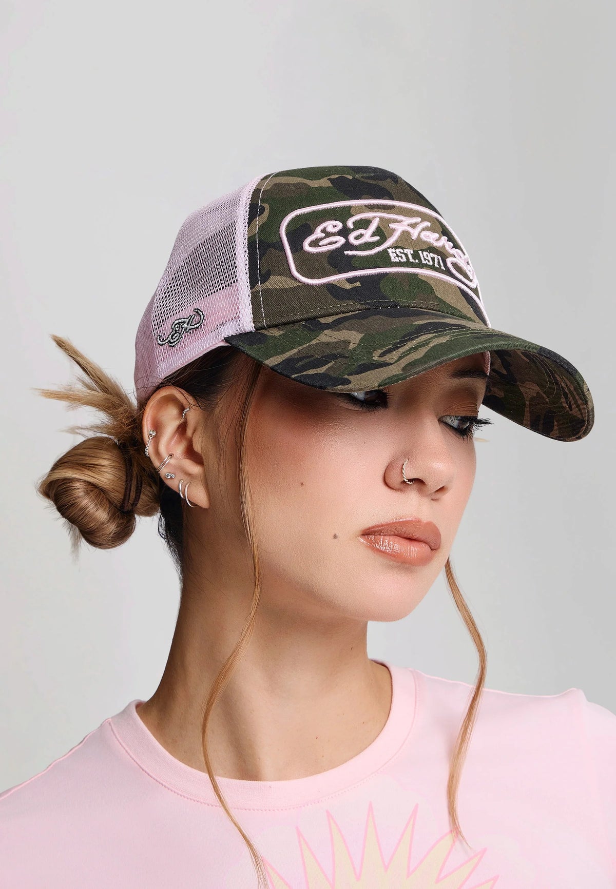 Ed Hardy 1971 Camo 5 Panel Green Trucker Cap - OnSize