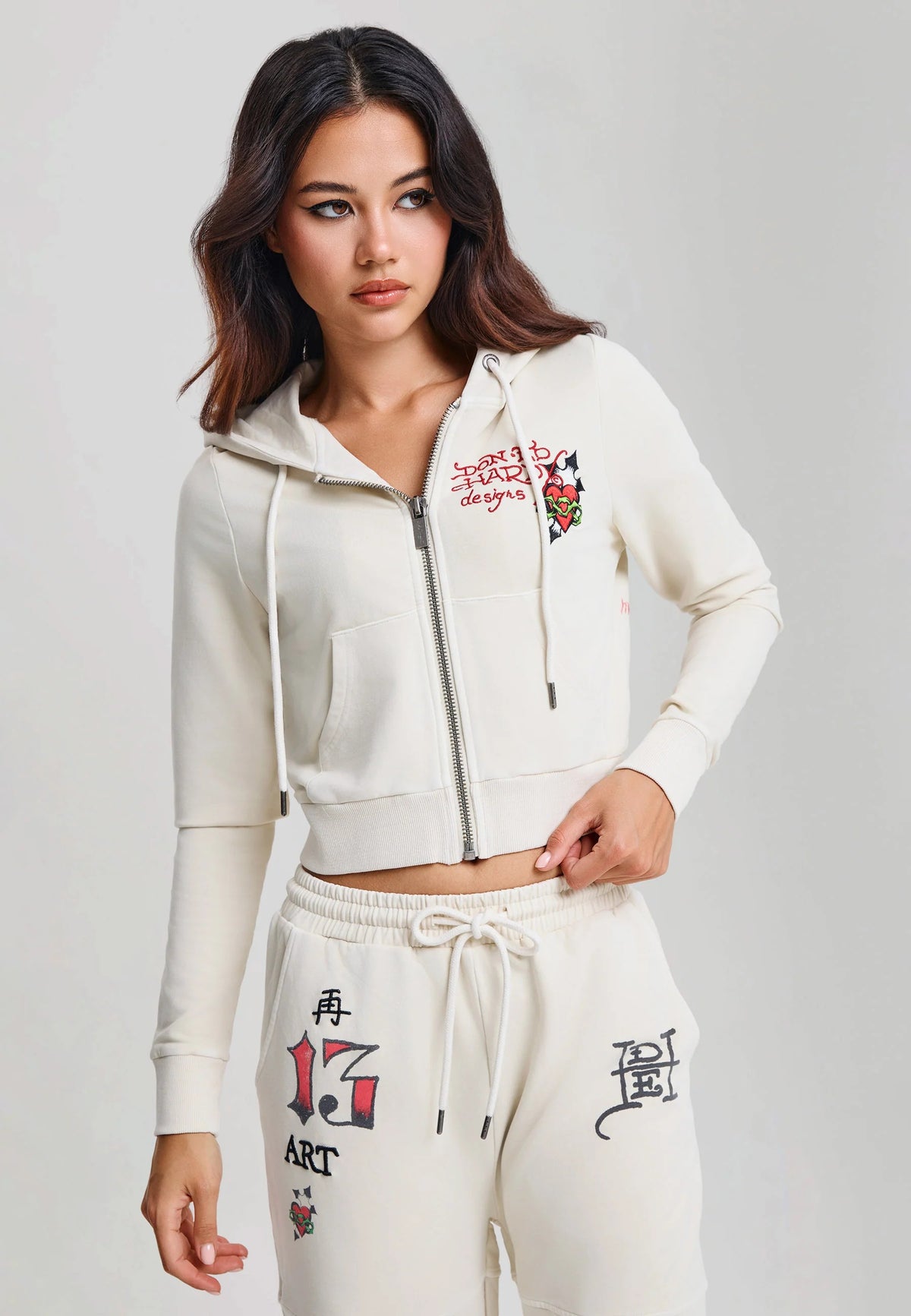 Ed Hardy Flaming Tiger Cropped Zip Thru Hoodie Ecru - OnSize