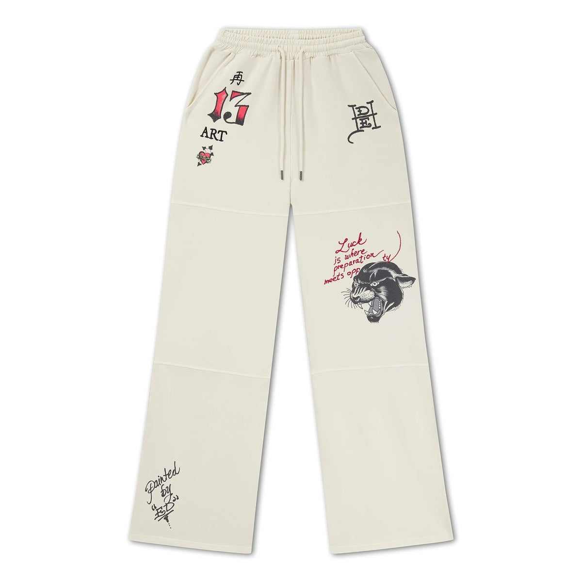 Ed Hardy Tattoo Collage Seam Detail Wide Leg Joggers Ecru - OnSize