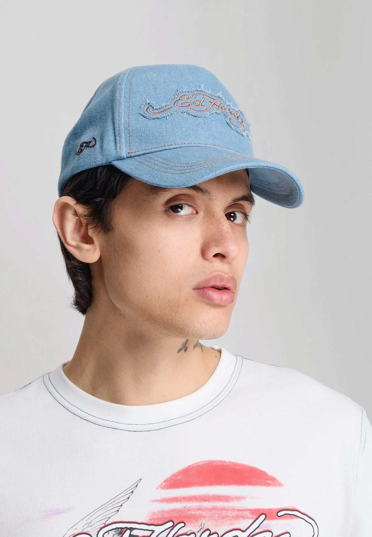 Ed Hardy Contrast Stitch Indigo Denim 5 Panel Bleach Trucker Cap - OnSize