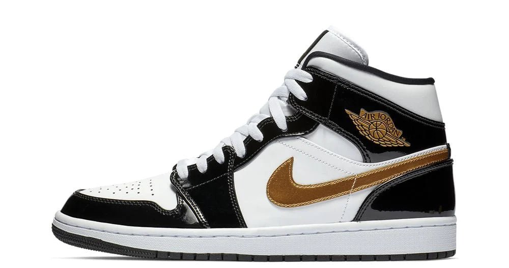 Jordan 1 Mid Patent Black White Gold - OnSize