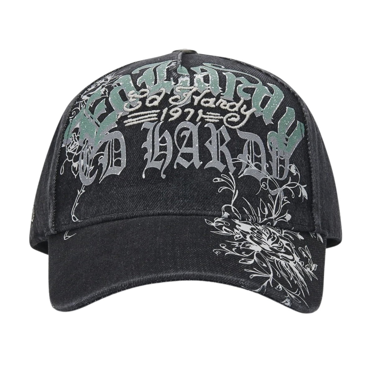 Ed Hardy Distressed Floral Gothic 5 Panel Black Trucker Cap - OnSize