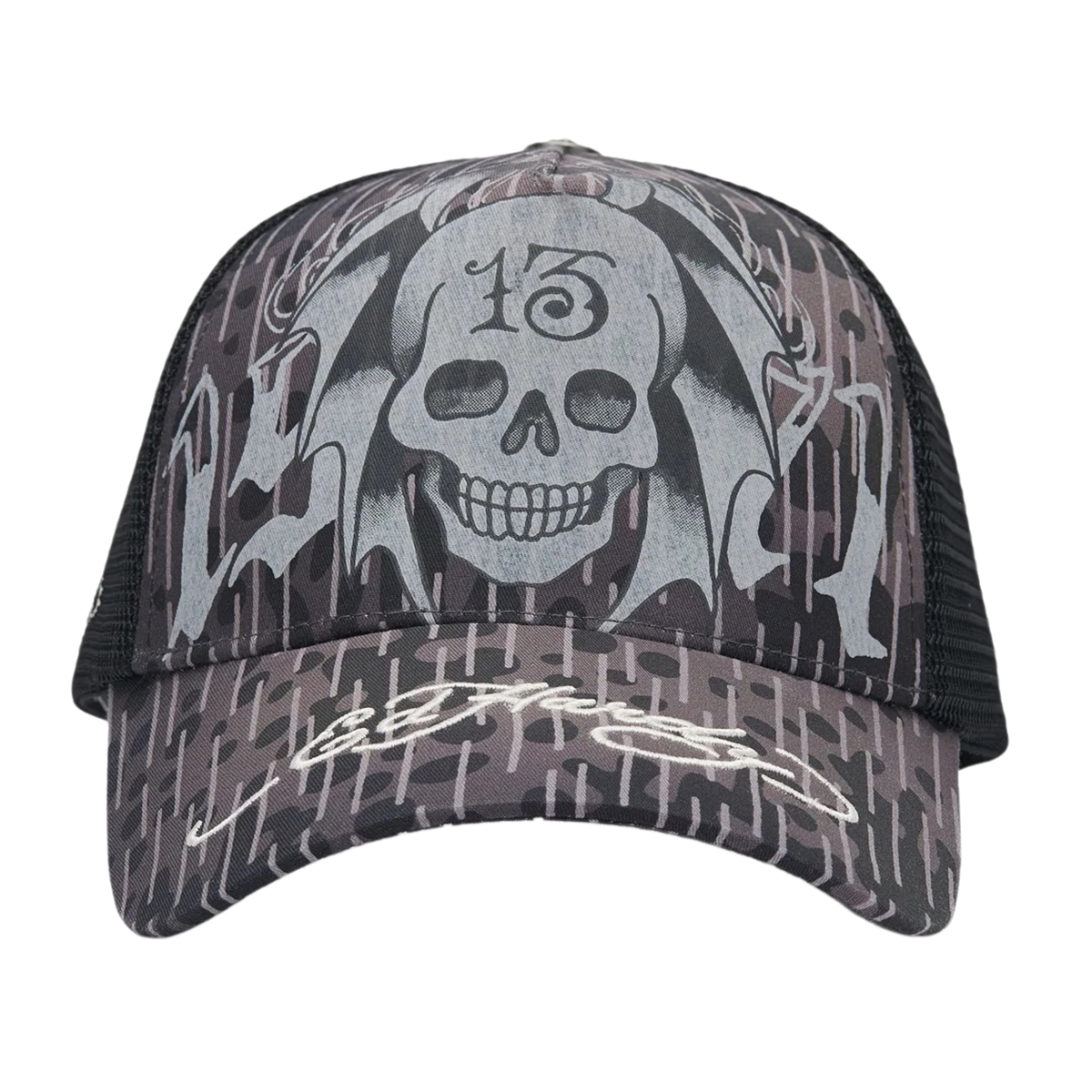 Ed Hardy 13 Skull 5 Panel Black Trucker Cap - OnSize