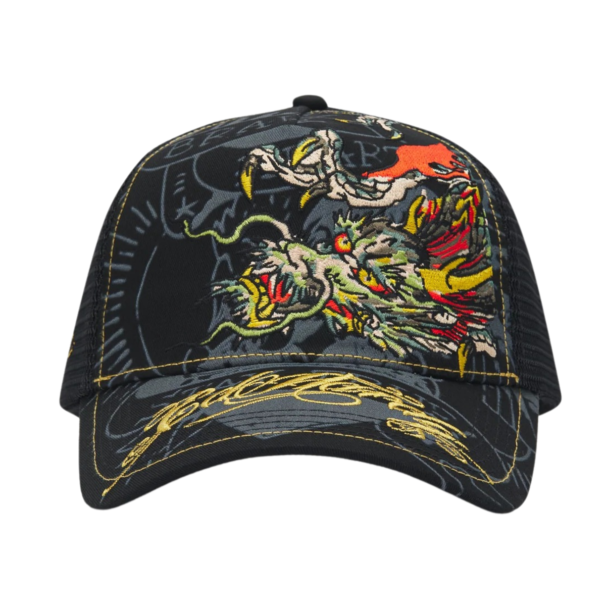 Ed Hardy Crawling Dragon 5 Panel Black Trucker Cap - OnSize