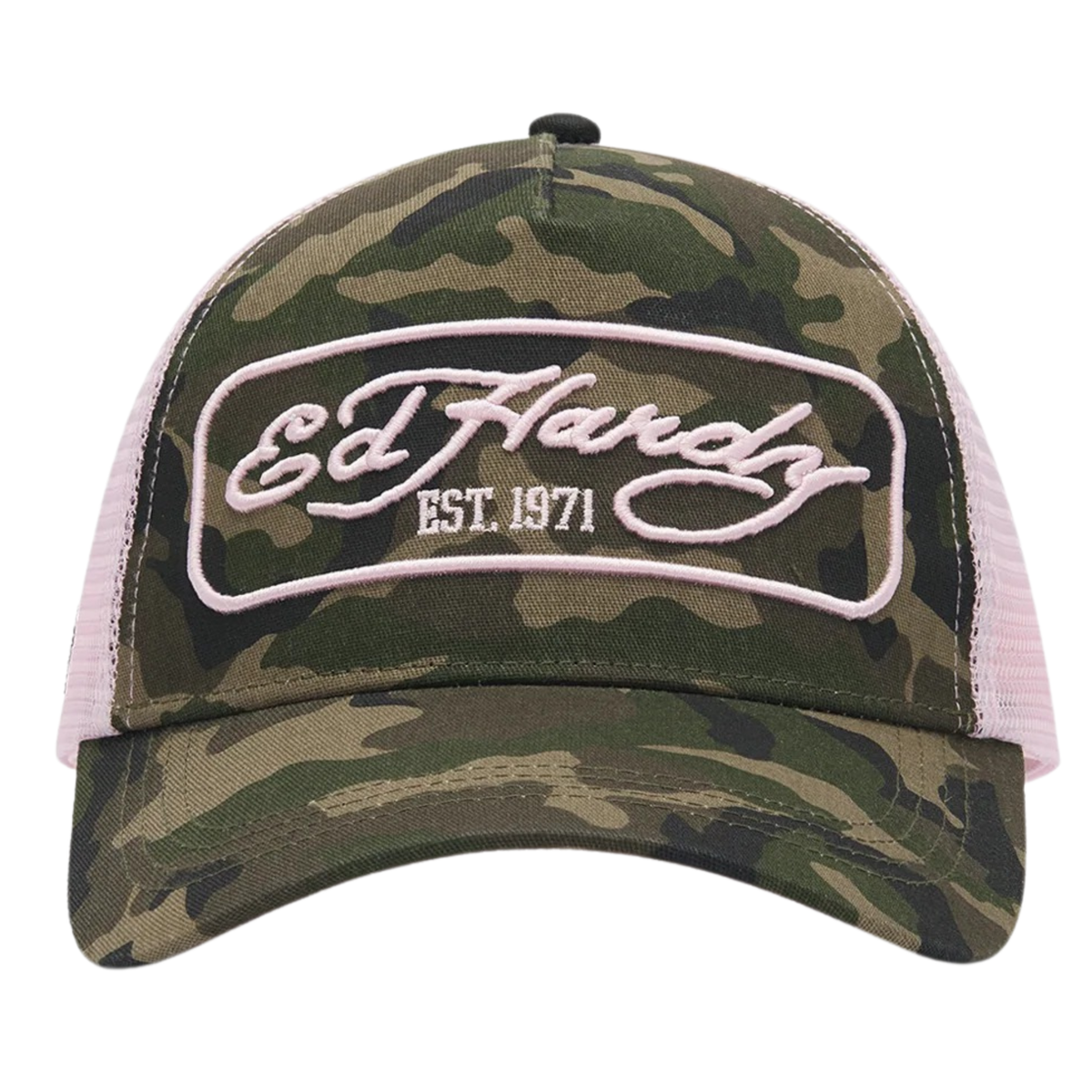 Ed Hardy 1971 Camo 5 Panel Green Trucker Cap - OnSize