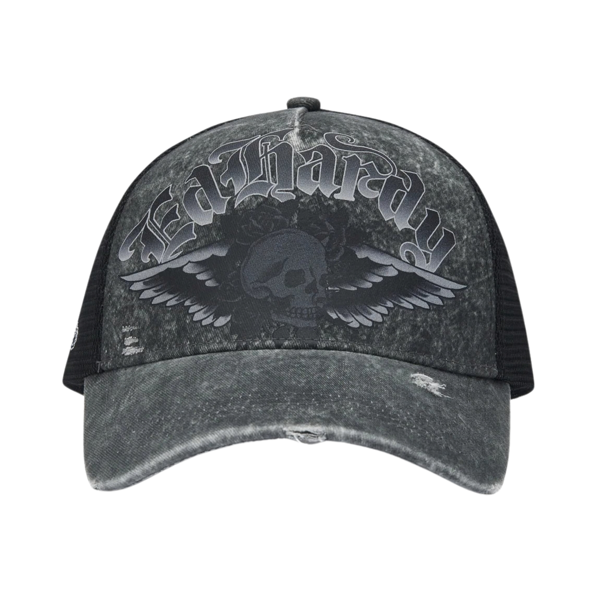 Ed Hardy Flaming Gothic Skull Washed 5 Panel Grey Trucker Cap - OnSize