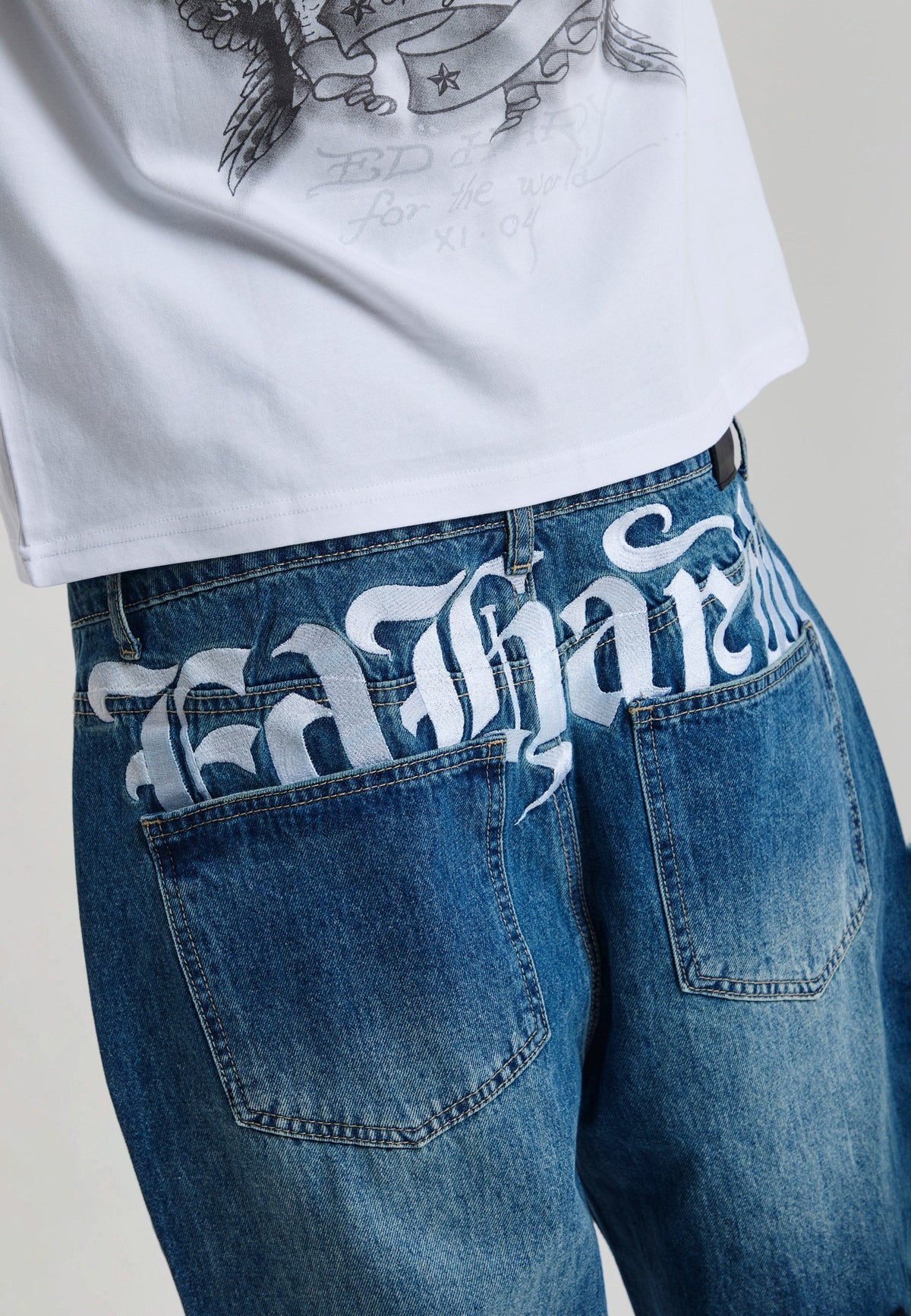 Ed Hardy Serpent Skull Graphic Relaxed Jeans Mid Blue - OnSize