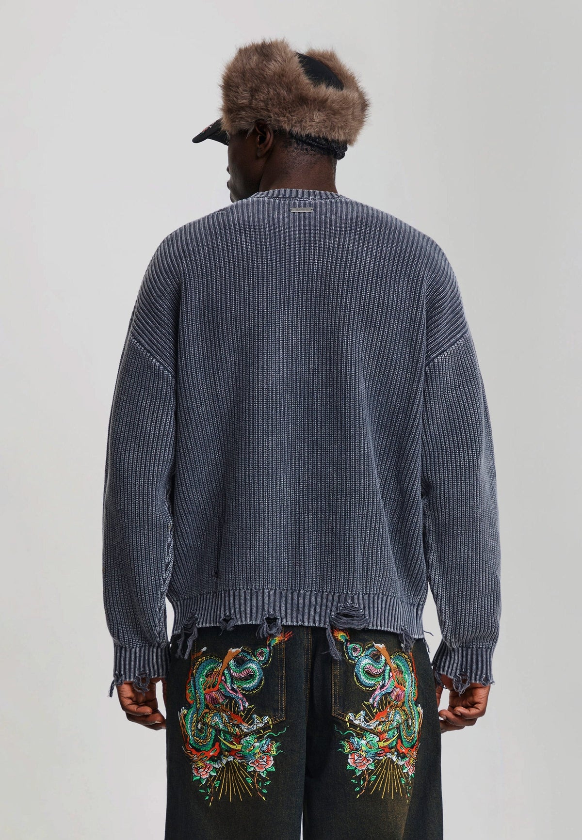 Ed Hardy Distressed Los Angeles Knitted Relaxed Crew Jumper Black - OnSize