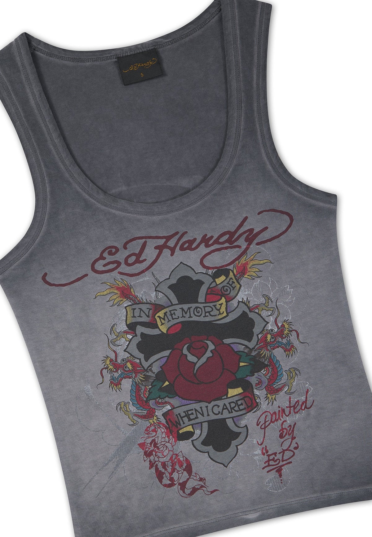 Ed Hardy In Memory Of When I Cared Washed Fitted Vest Top Black - OnSize