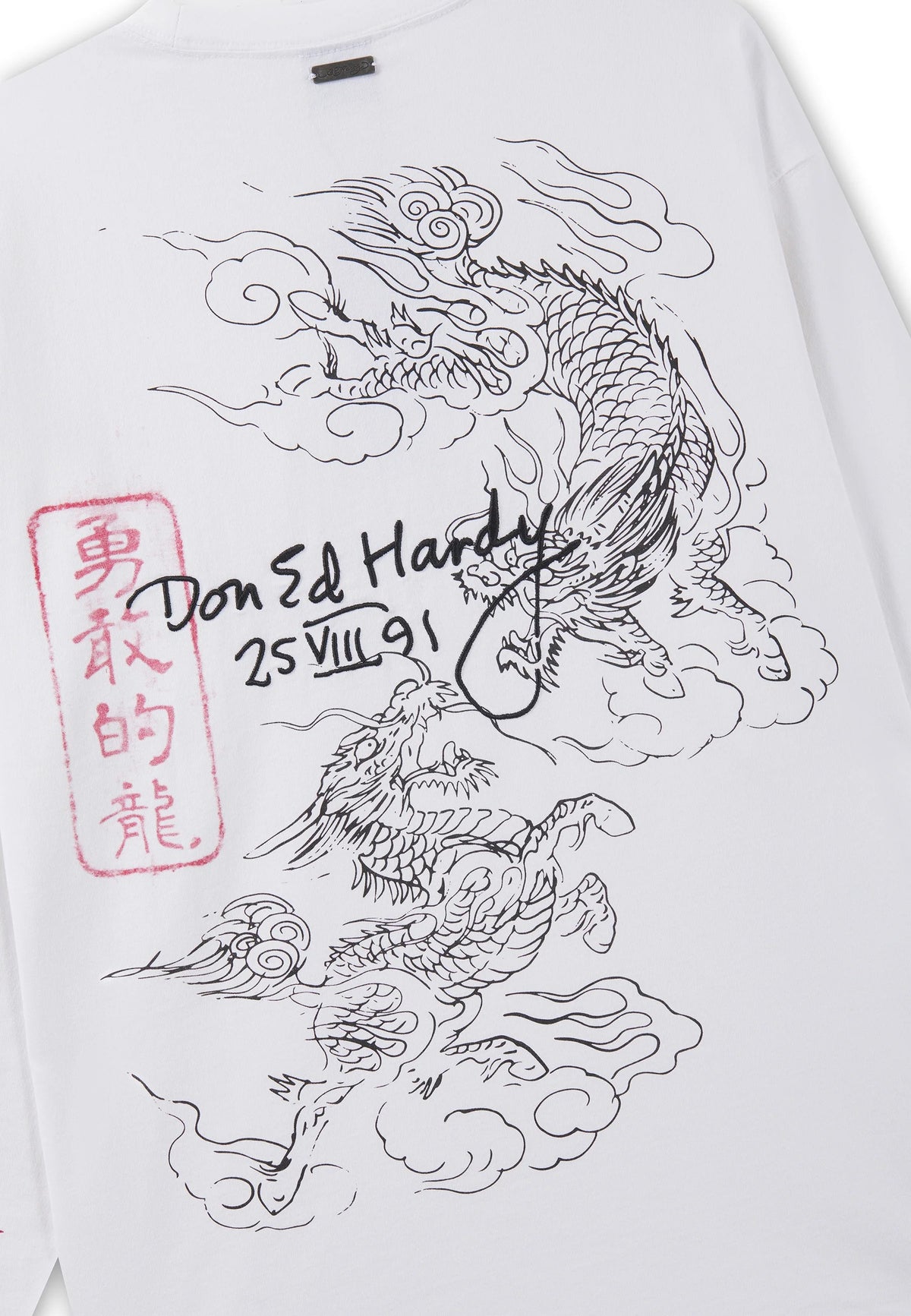 Ed Hardy Flying Twin Dragon Graphic Long Sleeve Relaxed T-Shirt White - OnSize