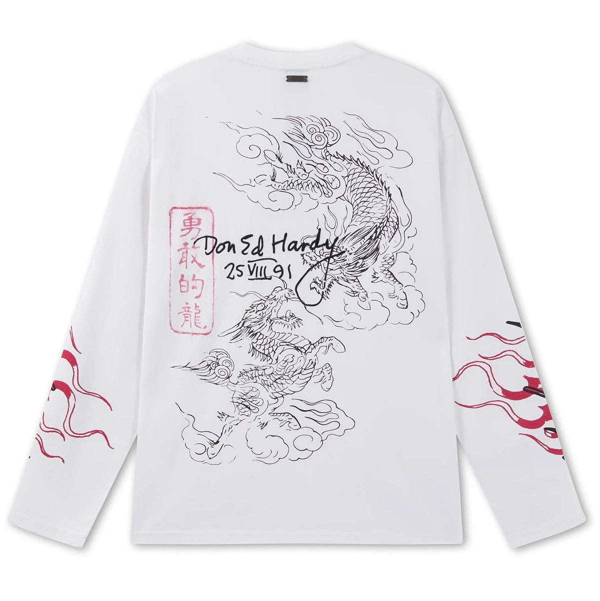 Ed Hardy Flying Twin Dragon Graphic Long Sleeve Relaxed T-Shirt White - OnSize