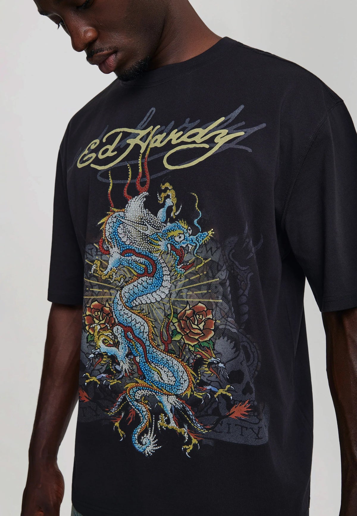 Ed Hardy Dragon City Diamante Graphic Relaxed T-Shirt Black - OnSize