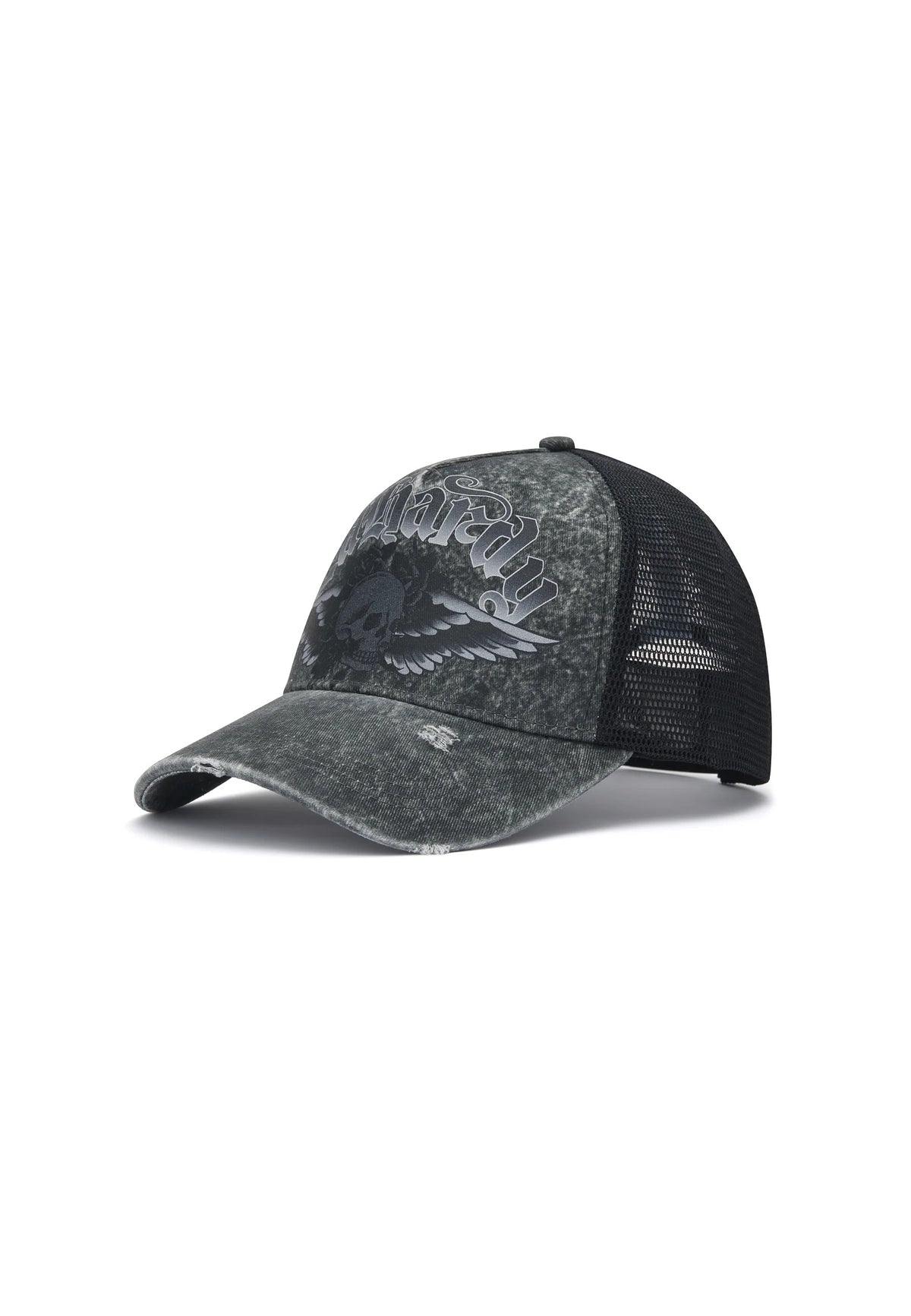 Ed Hardy Flaming Gothic Skull Washed 5 Panel Grey Trucker Cap - OnSize