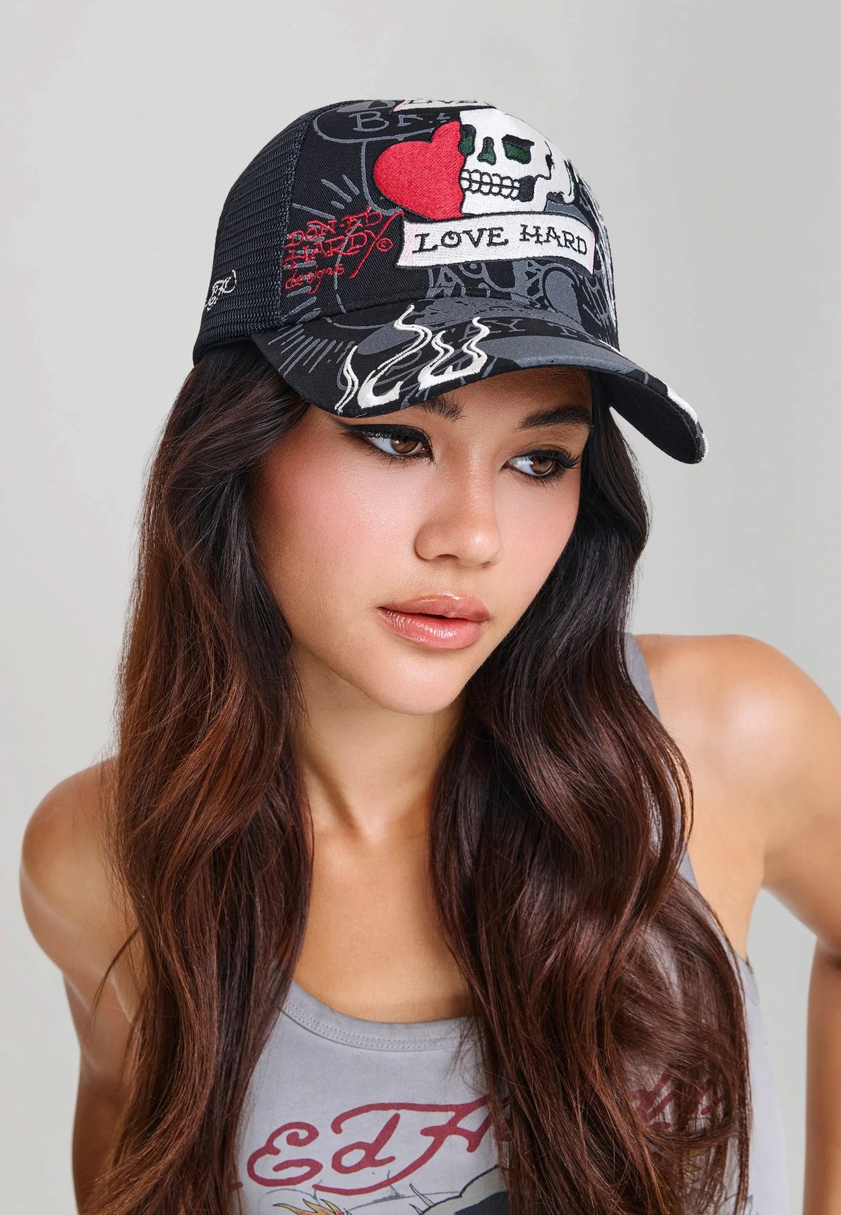 Ed Hardy Live Fast Love Hard 5 Panel Black Trucker Cap - OnSize