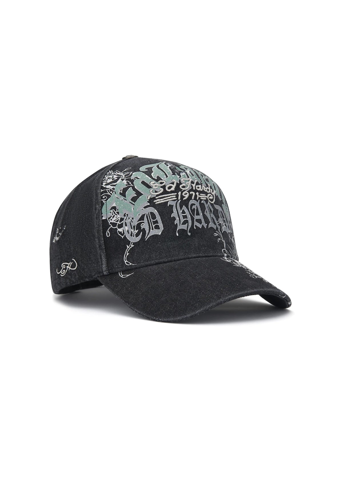 Ed Hardy Distressed Floral Gothic 5 Panel Black Trucker Cap - OnSize