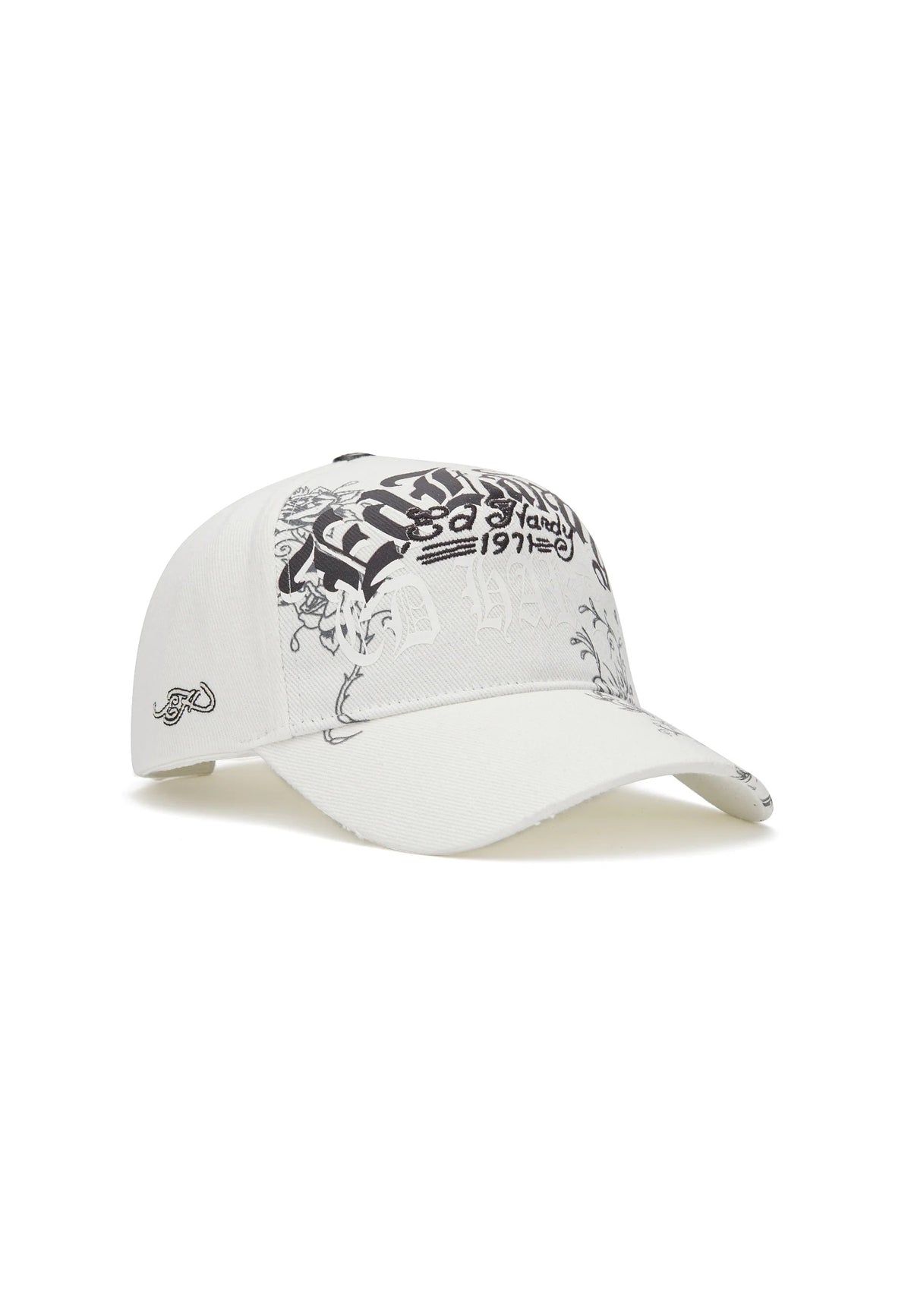 Ed Hardy Distressed Floral Gothic 5 Panel Cream Trucker Cap - OnSize