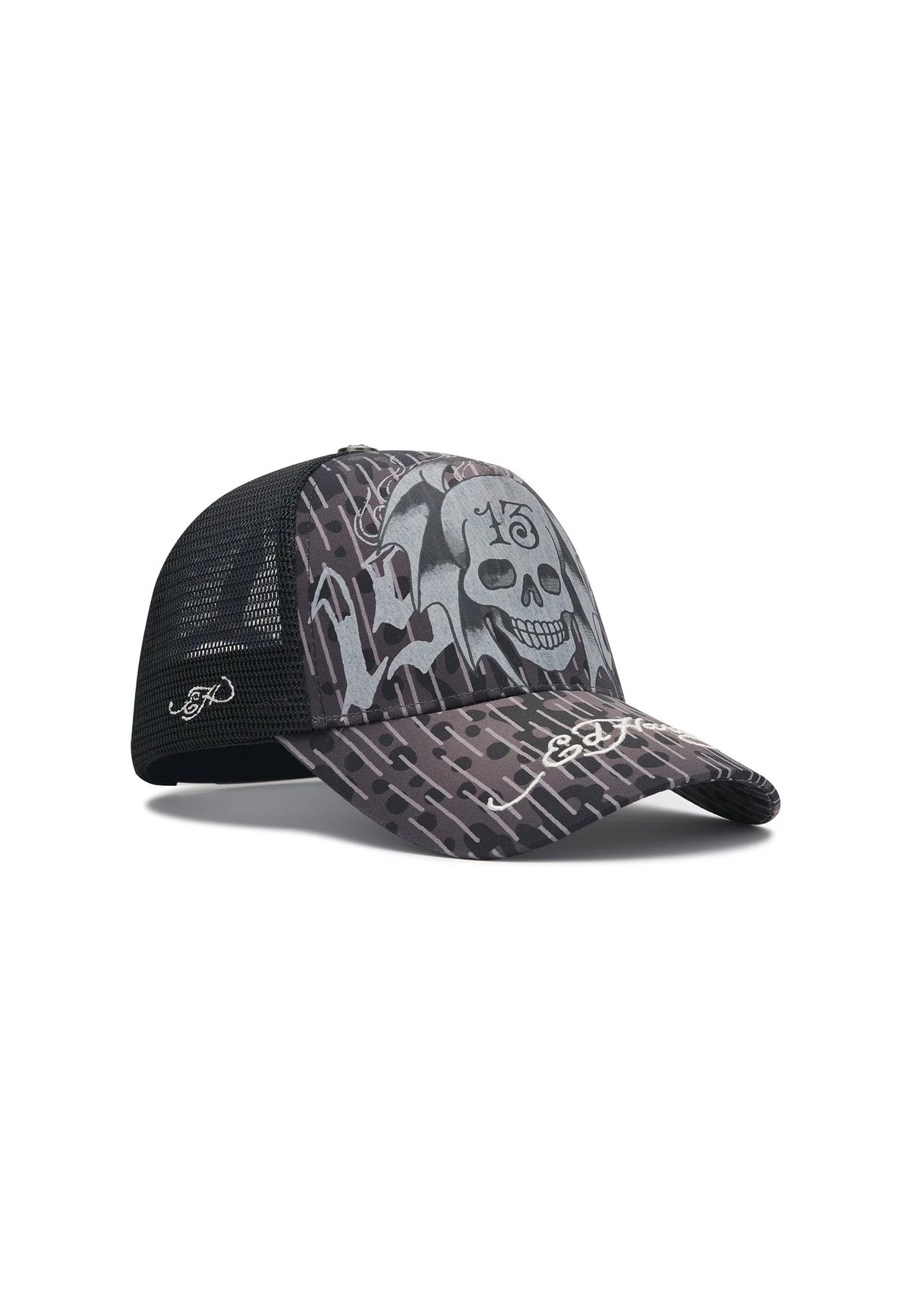 Ed Hardy 13 Skull 5 Panel Black Trucker Cap - OnSize