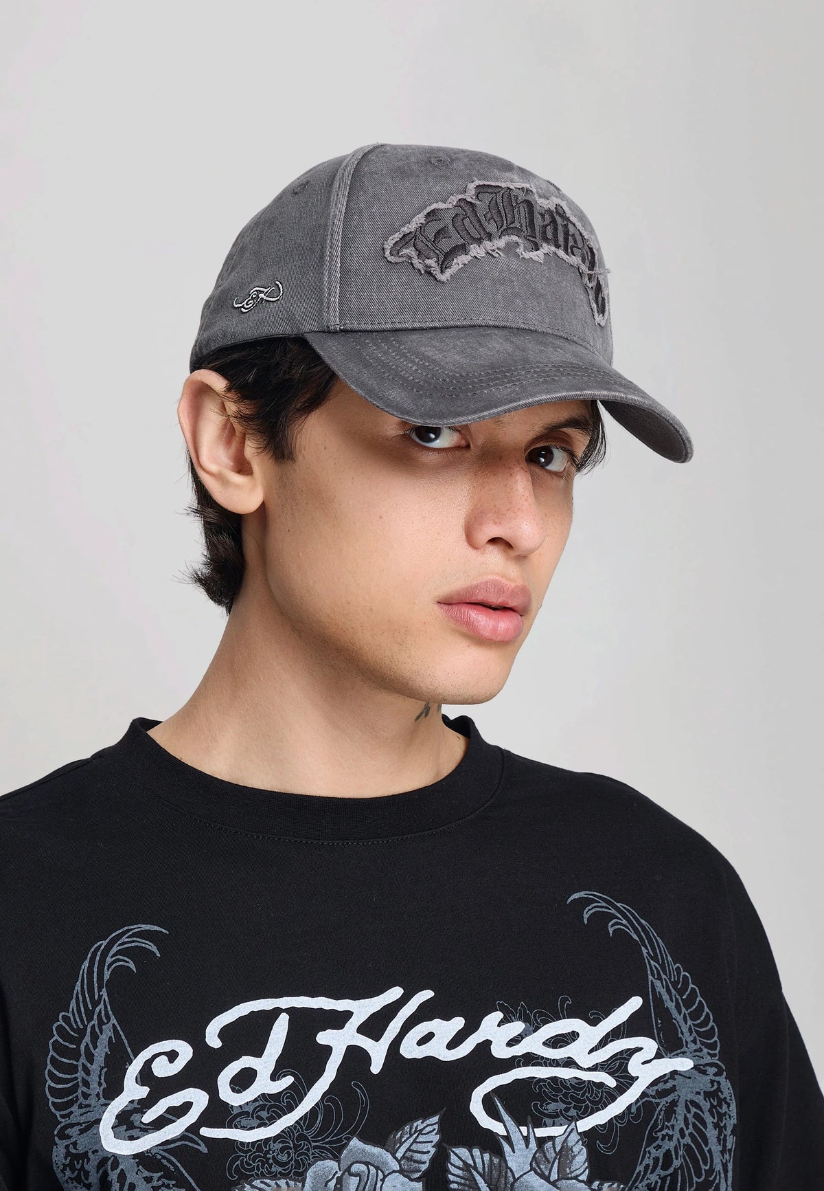 Ed Hardy Distressed Gothic 6 Panel Grey Cap - OnSize