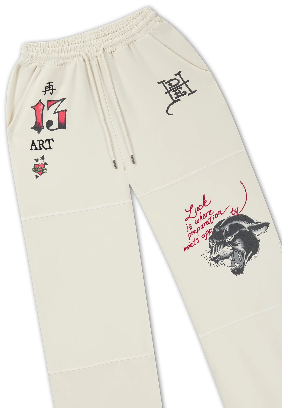 Ed Hardy Tattoo Collage Seam Detail Wide Leg Joggers Ecru - OnSize