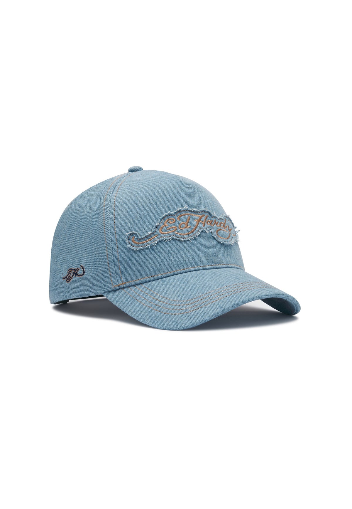 Ed Hardy Contrast Stitch Indigo Denim 5 Panel Bleach Trucker Cap - OnSize